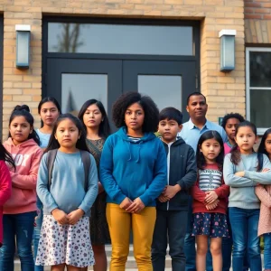 Diverse families with children outside a school exhibiting concern