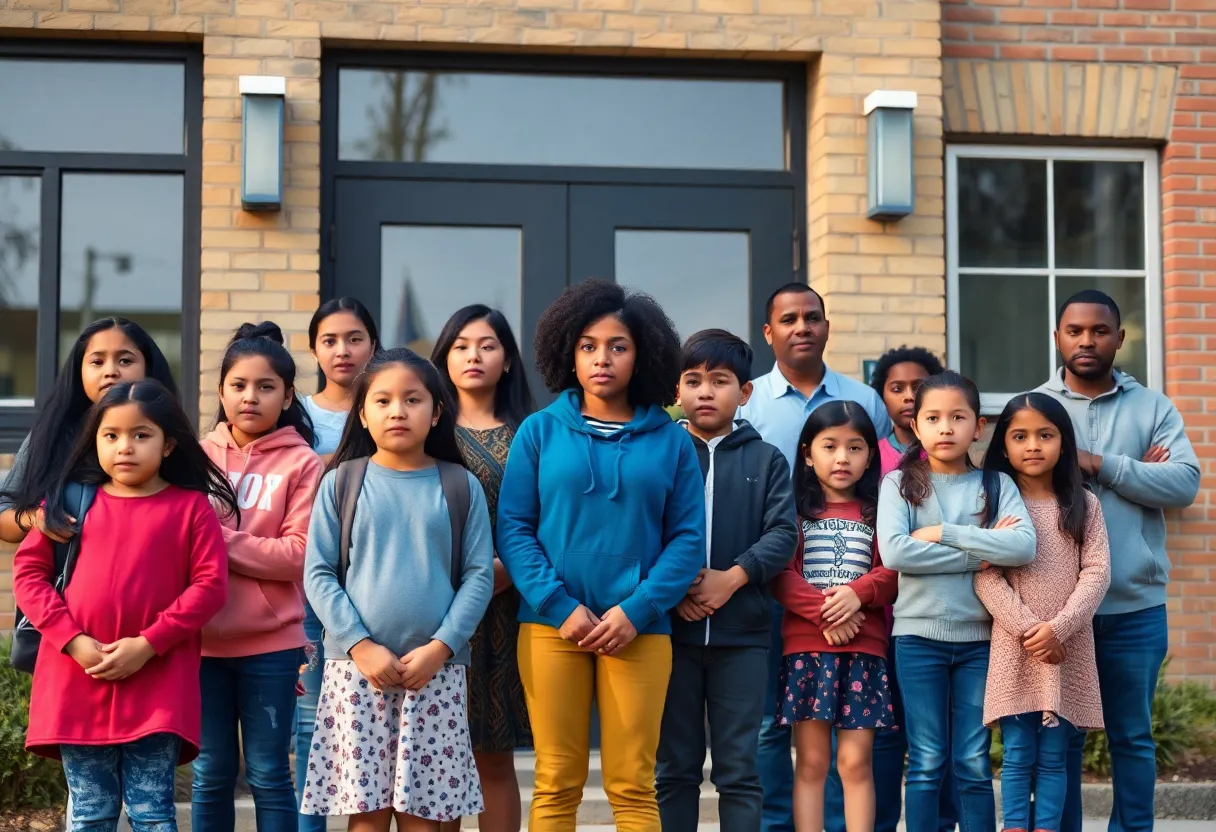 Diverse families with children outside a school exhibiting concern