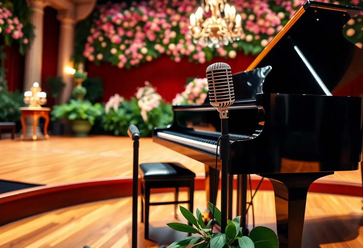 An elegant concert setting with a grand piano and microphone