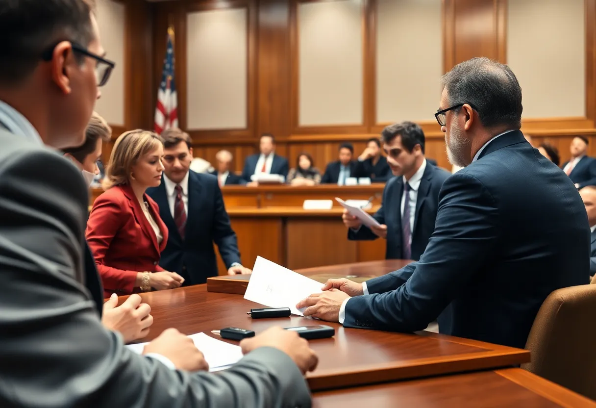 A tense courtroom environment with legal professionals in discussion.