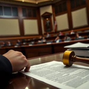 Courtroom with legal documents, symbolizing complex legal proceedings