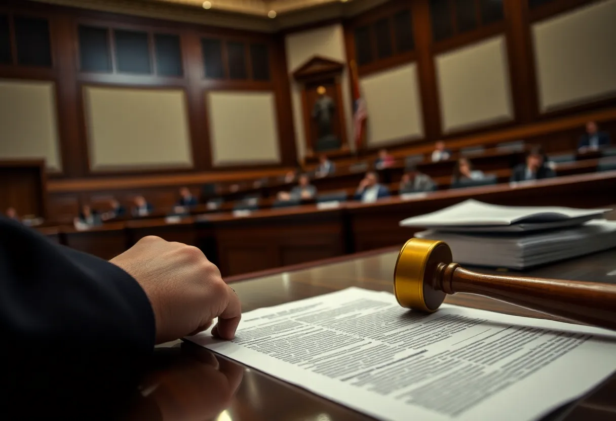 Courtroom with legal documents, symbolizing complex legal proceedings