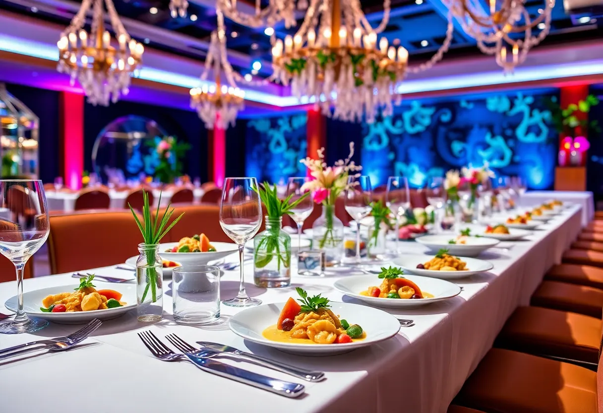 A beautifully arranged table for a culinary tasting event featuring gourmet dishes.
