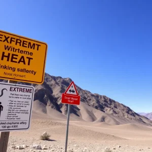 Sign showing extreme heat warnings in Death Valley National Park