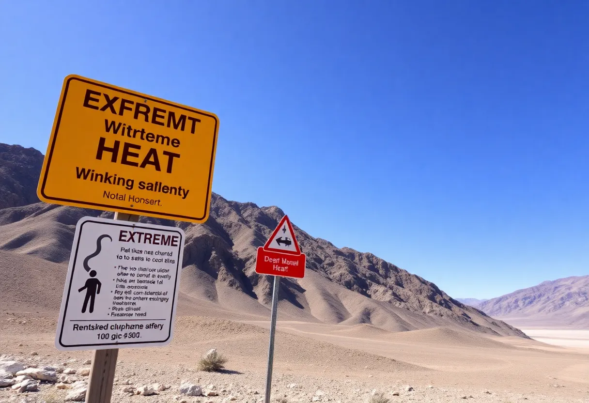 Sign showing extreme heat warnings in Death Valley National Park