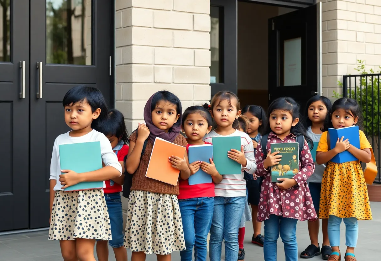 A diverse group of concerned children standing outside a school building.