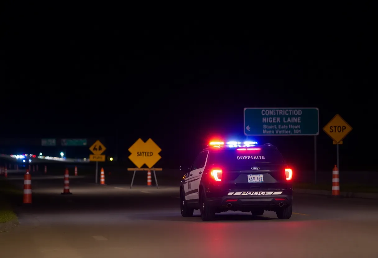 Police vehicle at a construction zone on the highway