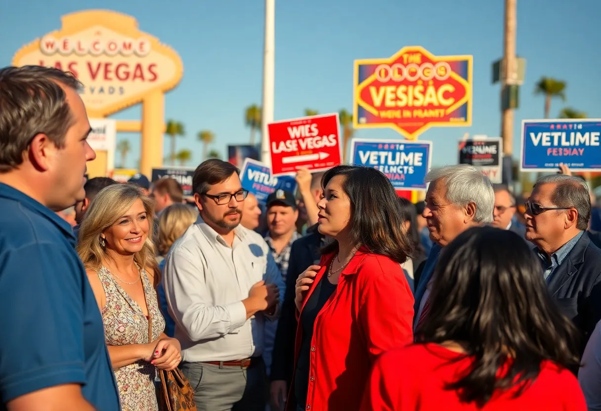 People engaged in political discussions at a Las Vegas campaign event