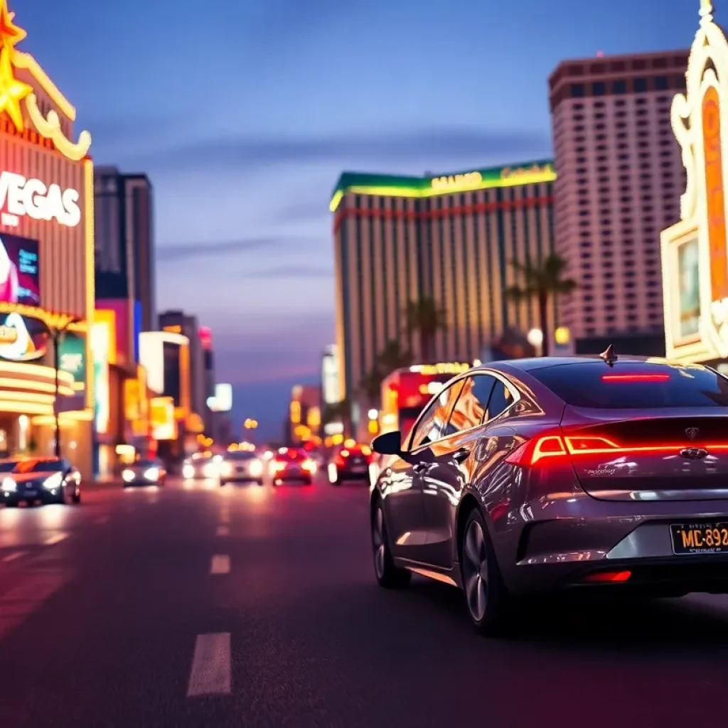 Electric car driving through Las Vegas at night