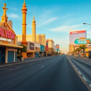 A view of the Las Vegas Strip with fewer tourists and closed hotel entrances.