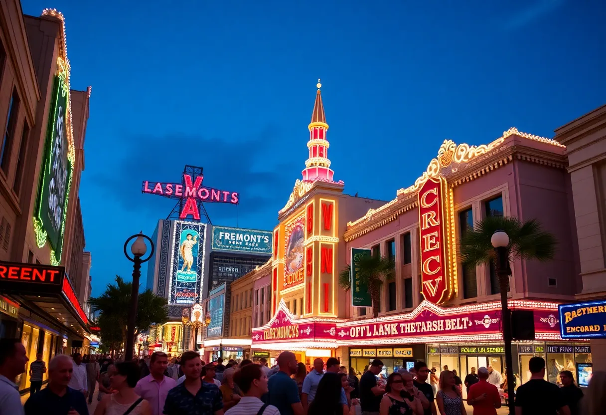 Neon lights illuminating Fremont Street in Las Vegas at night