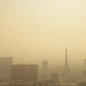 A view of the Las Vegas Strip engulfed in haze caused by wildfire smoke.