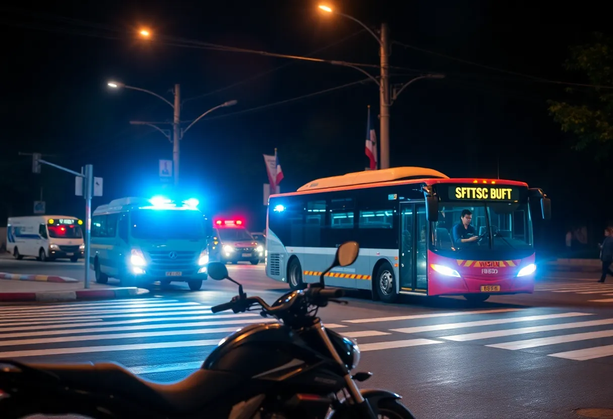 Scene of a fatal collision between a motorcycle and a bus in Henderson at night.