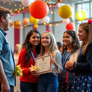 Ceremony celebrating High School Heroes awards with teenagers receiving recognition.