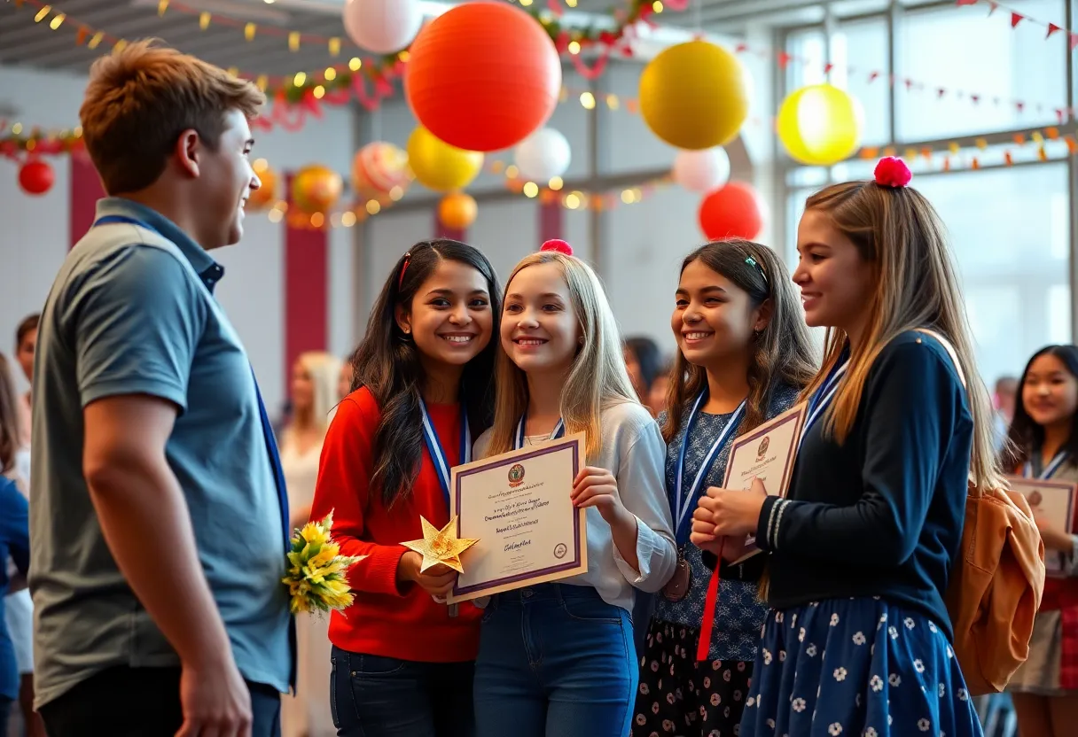 Ceremony celebrating High School Heroes awards with teenagers receiving recognition.