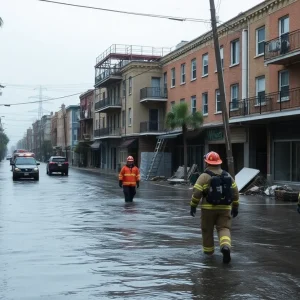First responders assisting in flooded streets after a hurricane disaster.