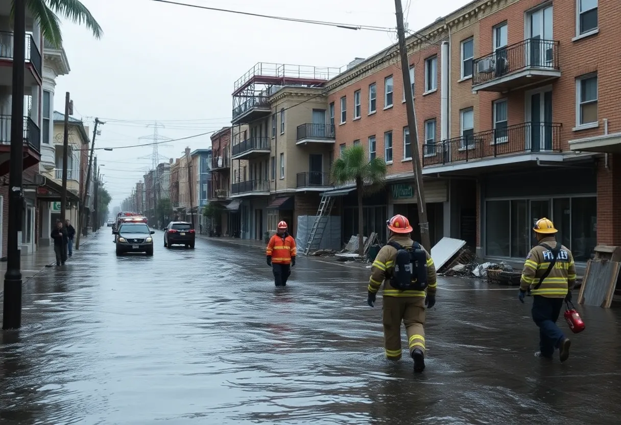 First responders assisting in flooded streets after a hurricane disaster.