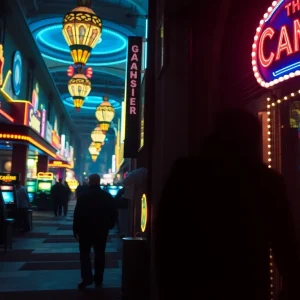 Contrasting images of legal casinos and illegal gambling scenes.
