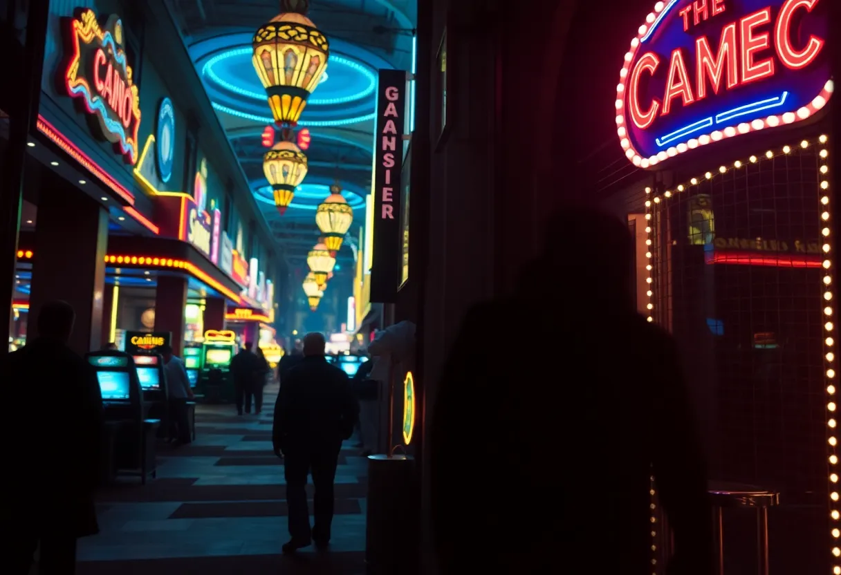 Contrasting images of legal casinos and illegal gambling scenes.