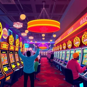A vibrant casino floor in Las Vegas with players celebrating jackpot wins.