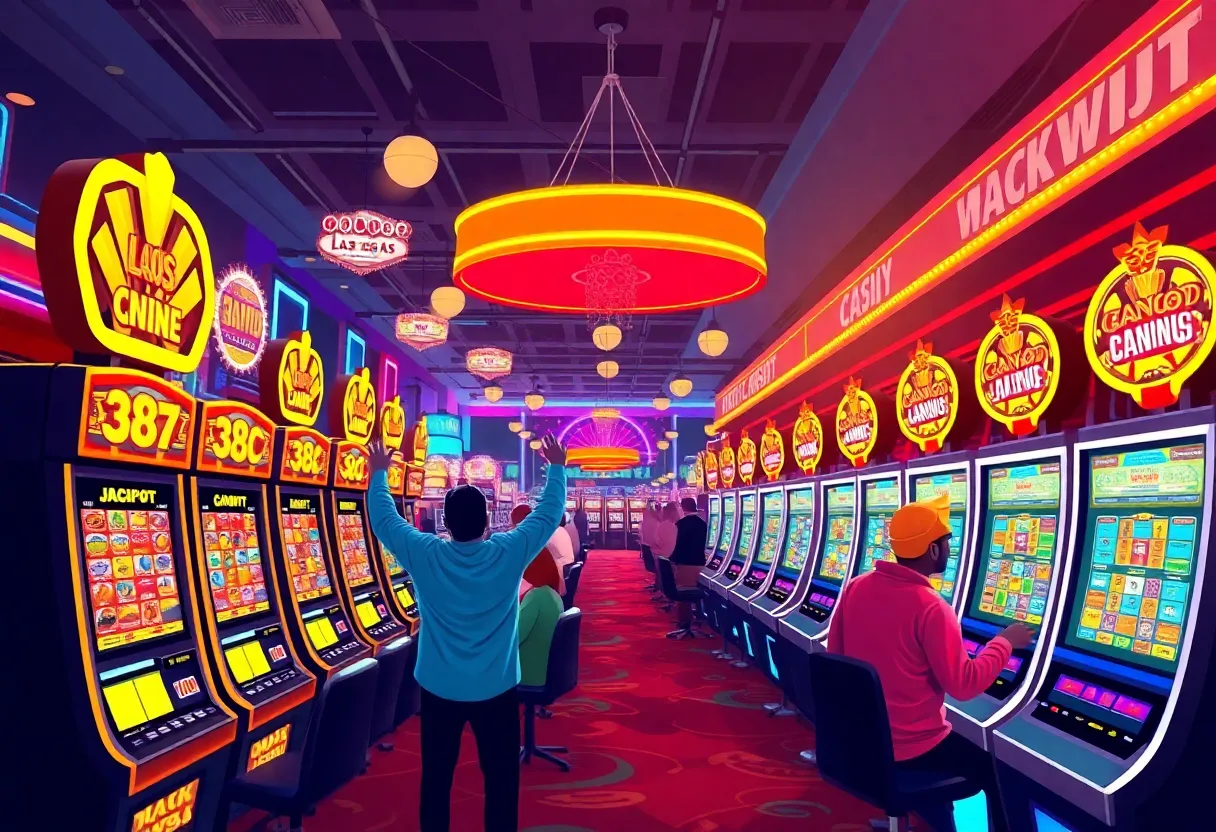 A vibrant casino floor in Las Vegas with players celebrating jackpot wins.