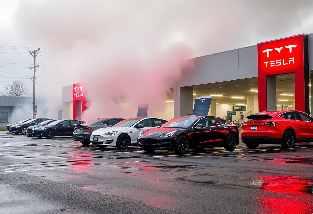 Burnt Tesla vehicles at a service center in Las Vegas