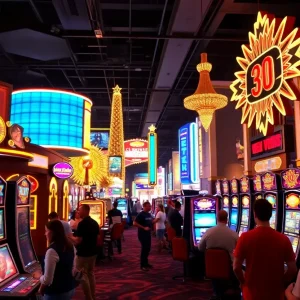 Colorful casino floor in Las Vegas with gaming machines and guests