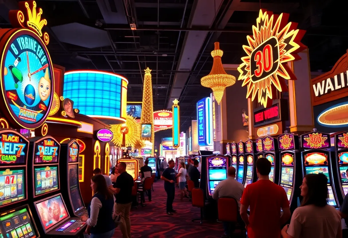 Colorful casino floor in Las Vegas with gaming machines and guests