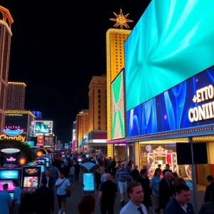 Colorful Las Vegas casinos illuminated at night.