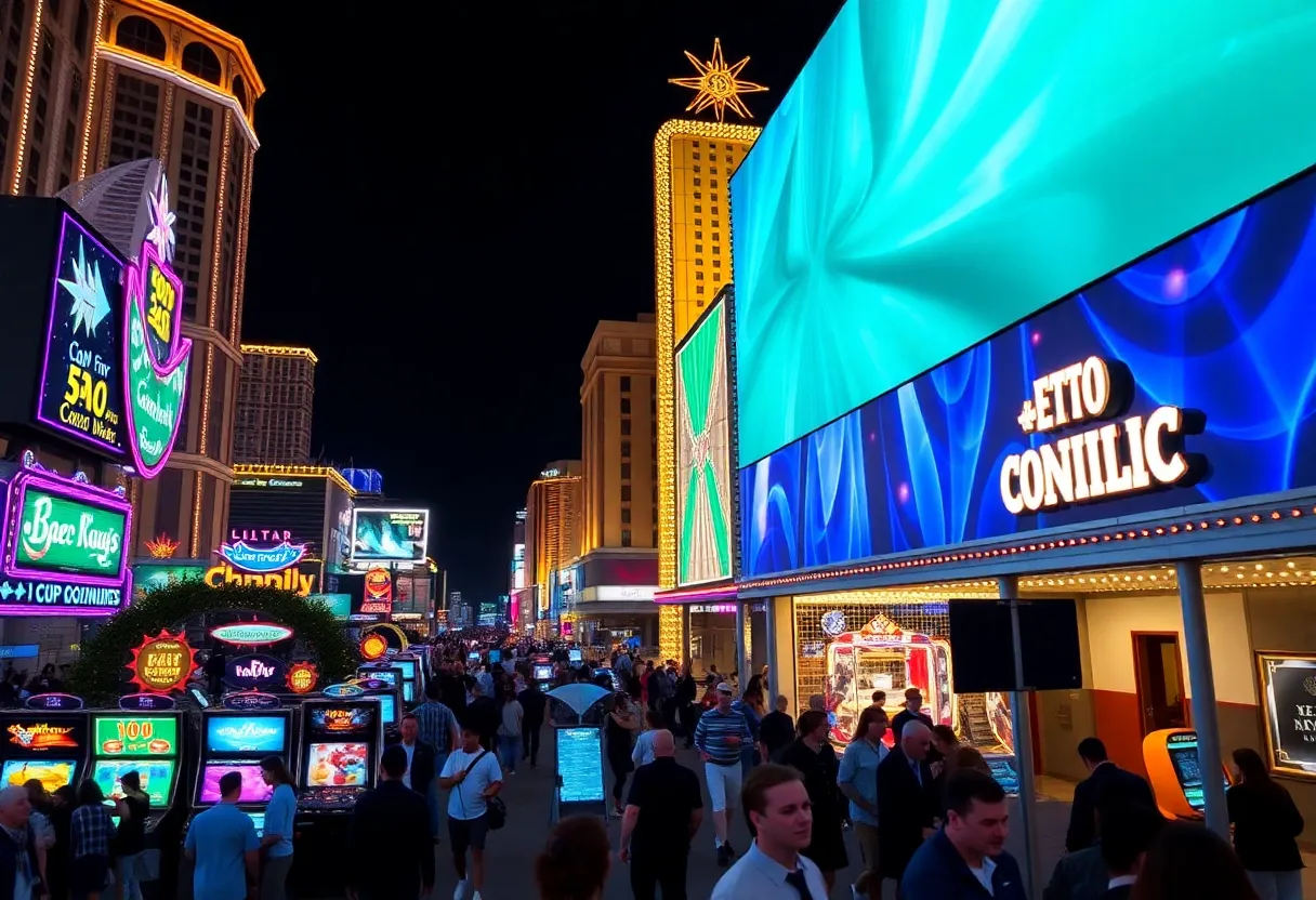 Colorful Las Vegas casinos illuminated at night.
