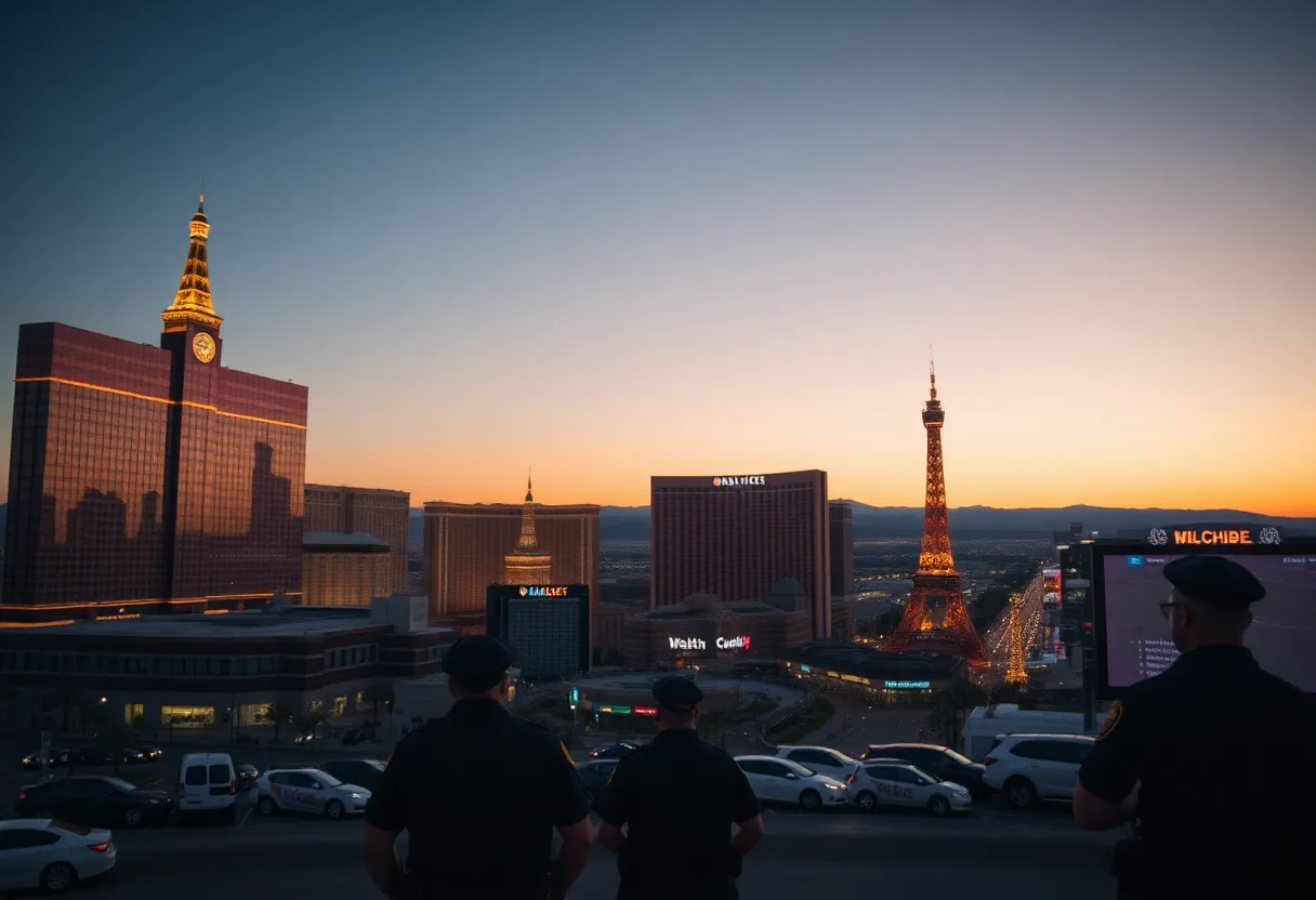Cityscape of Las Vegas showcasing law enforcement and social media symbols