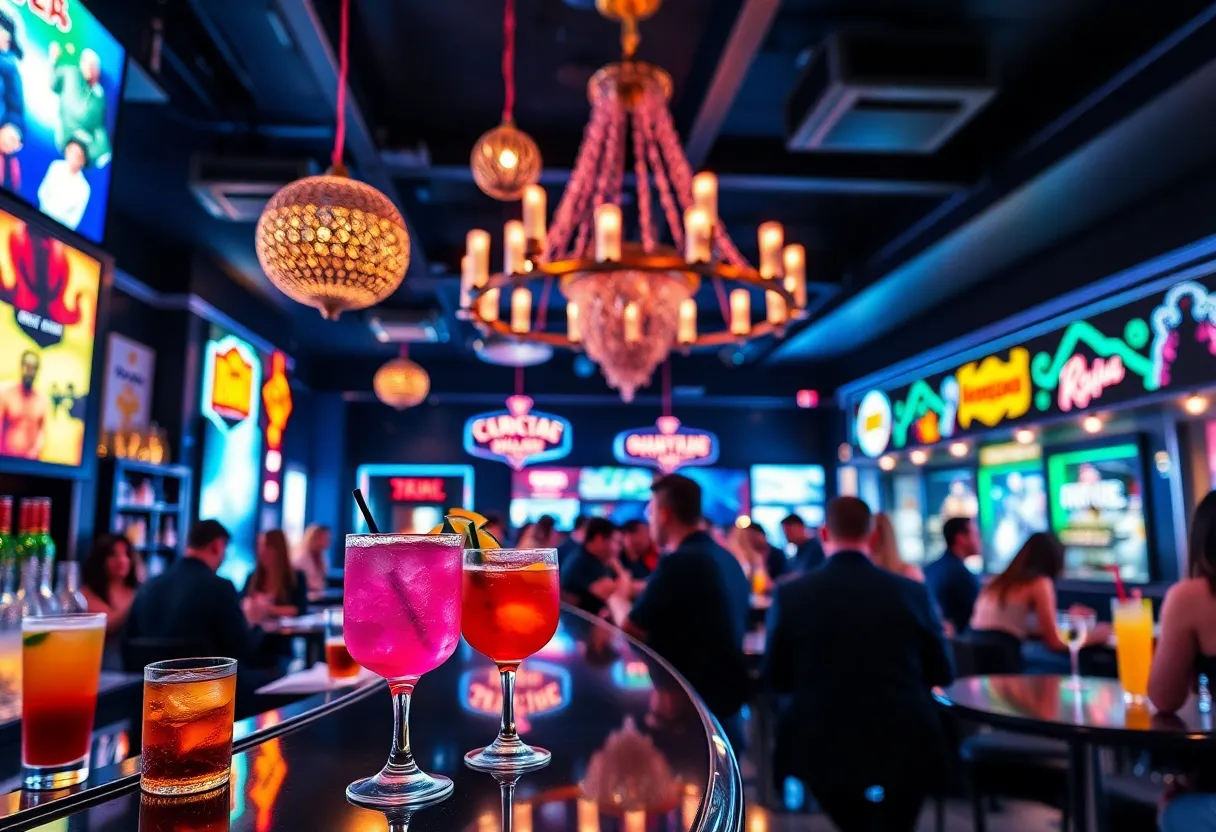 Cocktails being served in a lively Las Vegas bar