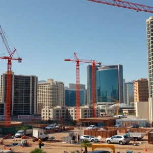 Construction site in Las Vegas with cranes and workers