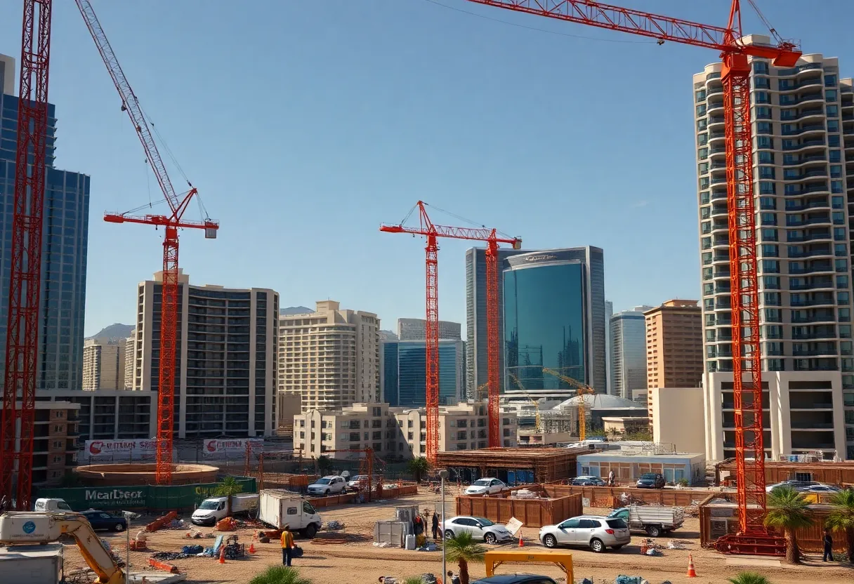 Construction site in Las Vegas with cranes and workers