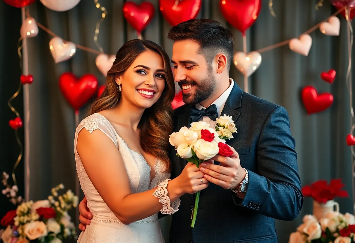 A couple celebrating their bond with romantic decorations.