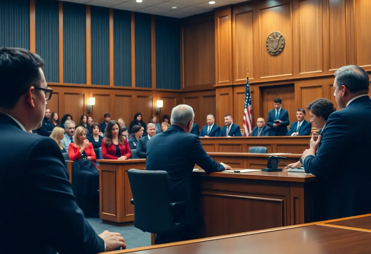 Courtroom scene during a murder trial