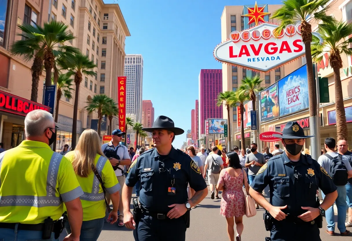 Las Vegas street scene with tourists and police presence