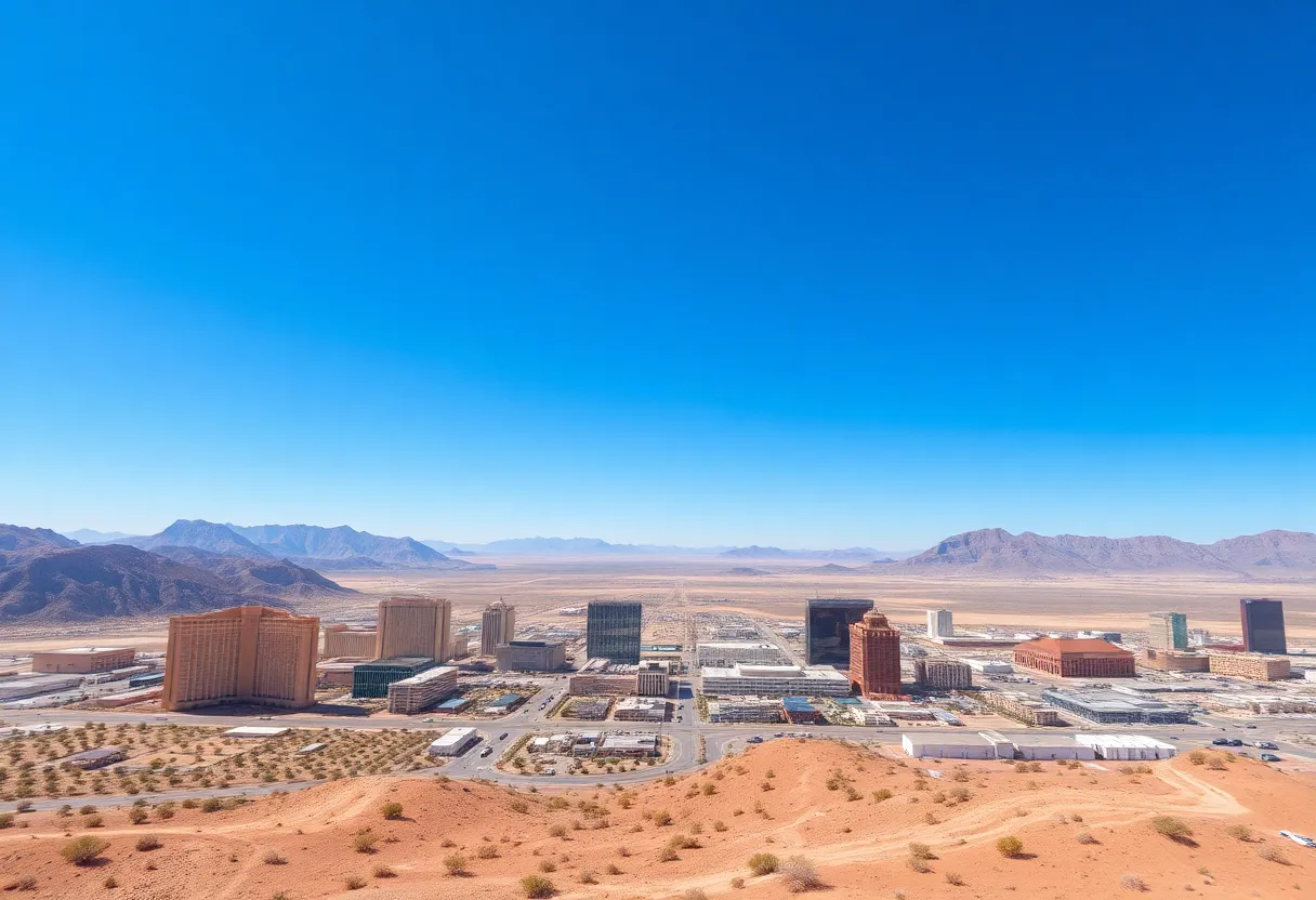 Desert landscape of Las Vegas with city skyline under sunny weather