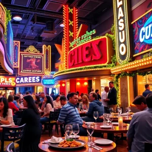 Guests enjoying a meal at various new restaurants in Las Vegas.