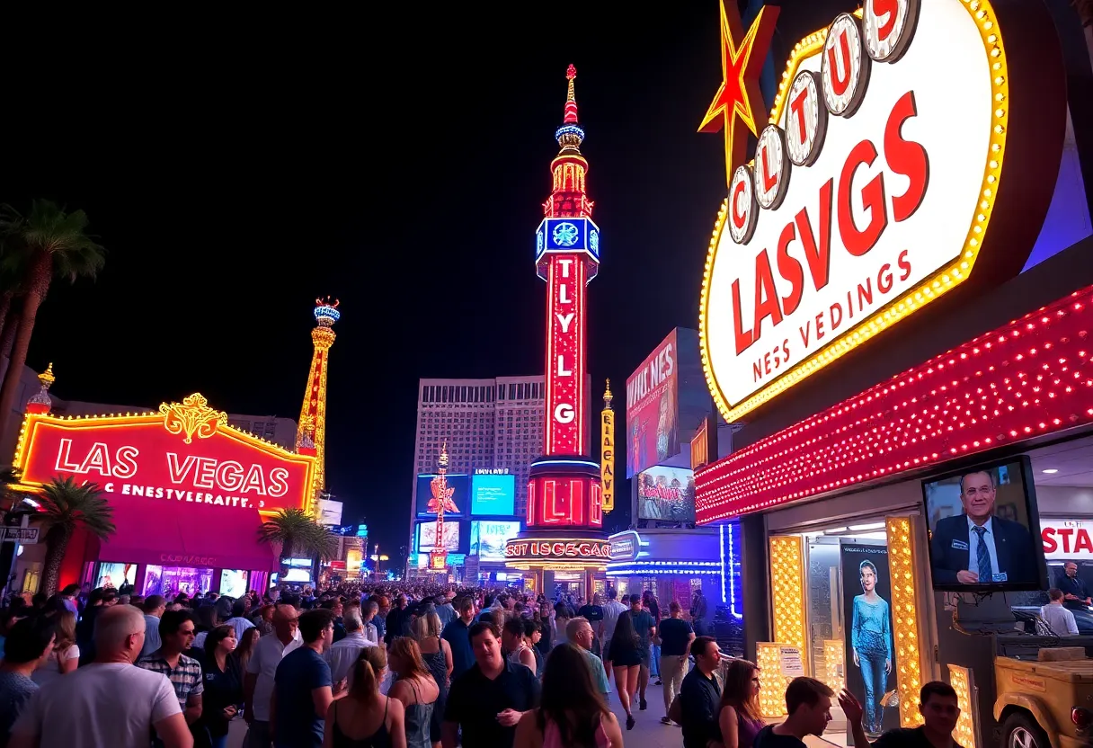 A colorful representation of Las Vegas events with neon lights and lively crowd.