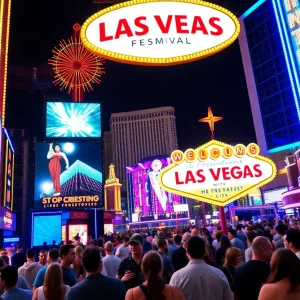 A lively depiction of Las Vegas events with colorful lights and diverse activities.