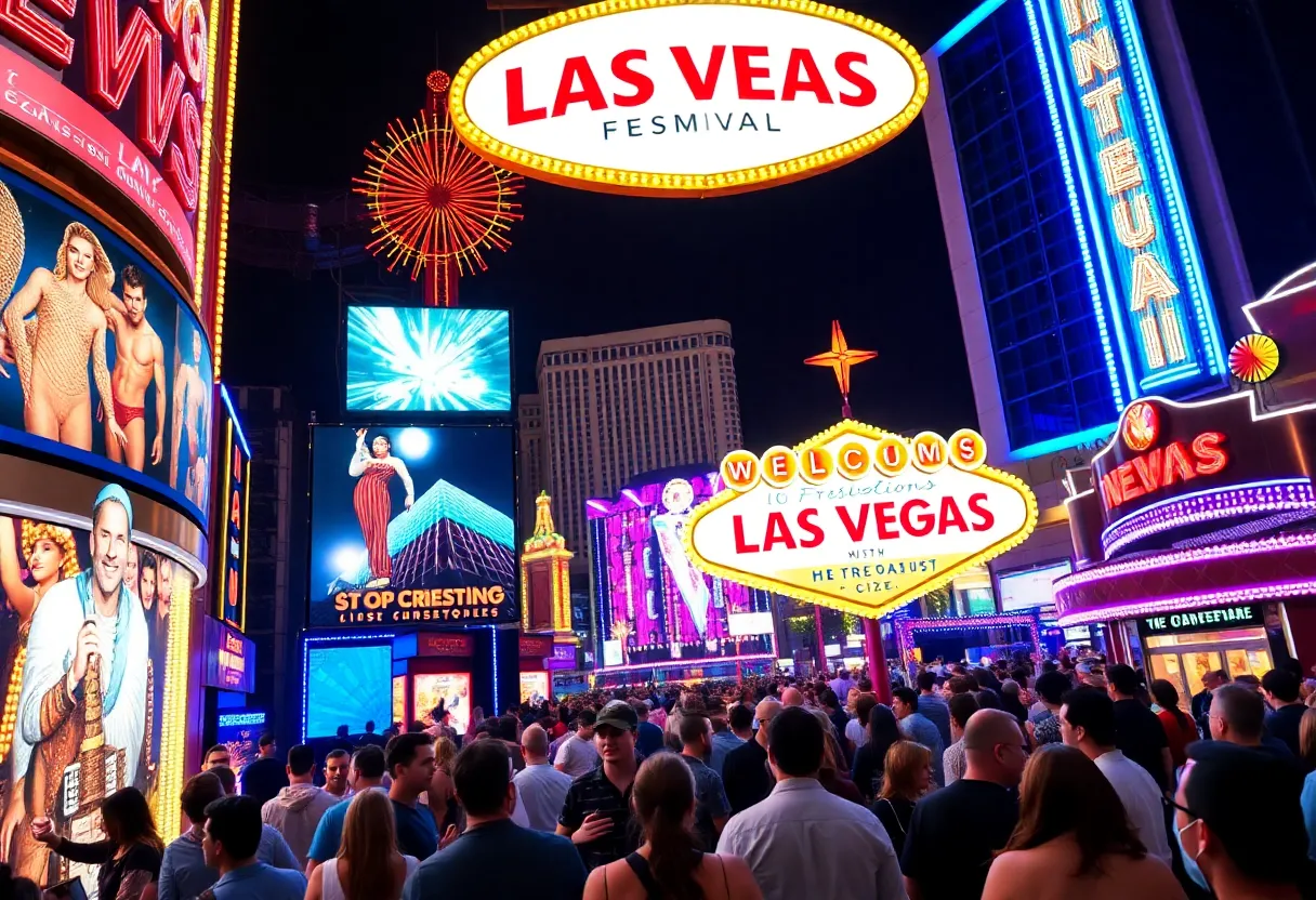 A lively depiction of Las Vegas events with colorful lights and diverse activities.