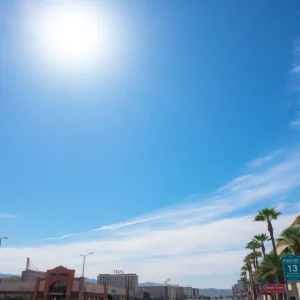 A sunny Las Vegas skyline with signs of impending thunderstorms