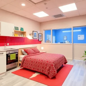 Interior view of the new Fire Safety House with kitchen and bedroom setup for fire safety training