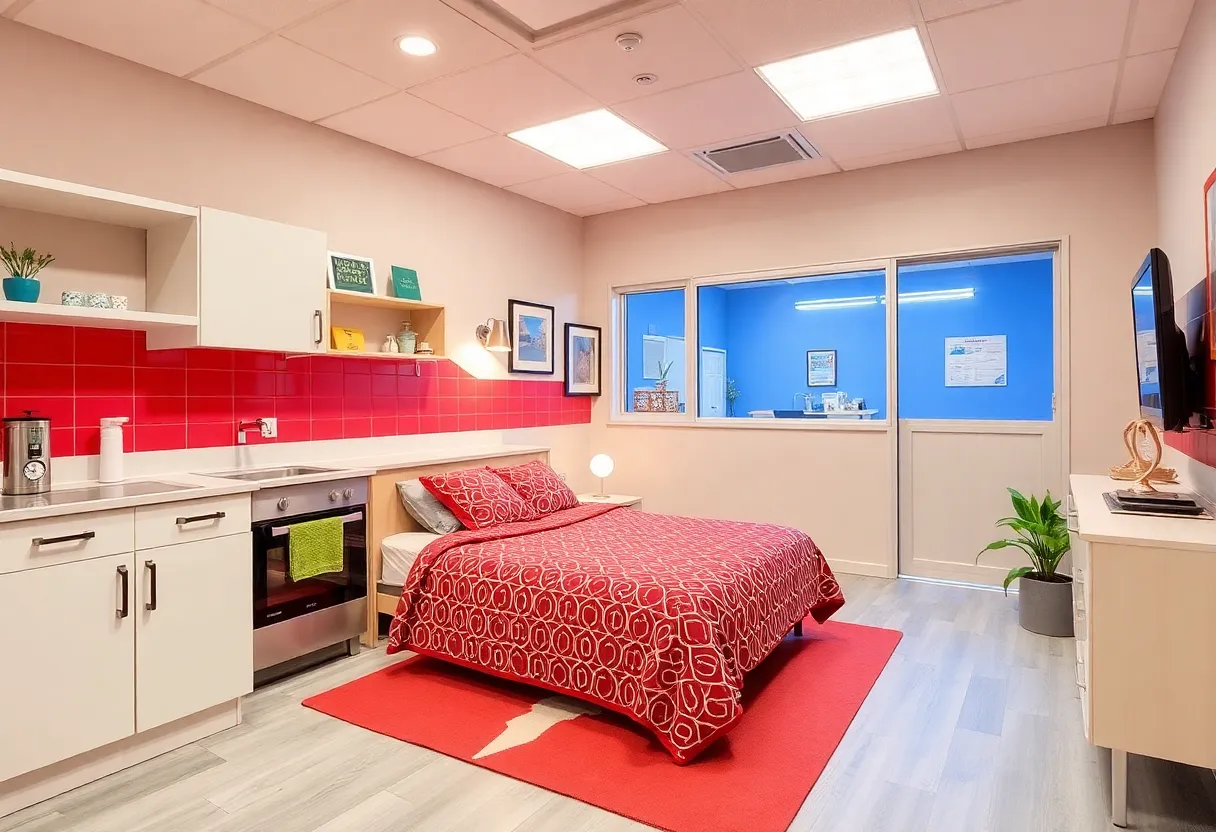 Interior view of the new Fire Safety House with kitchen and bedroom setup for fire safety training
