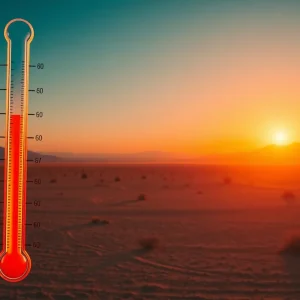 An illustration of extreme heat in Las Vegas with a thermometer and desert landscape.