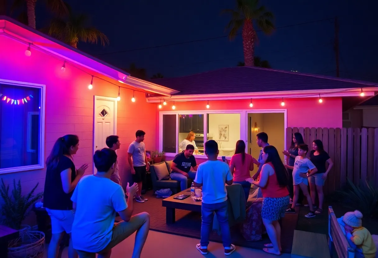 A vibrant house party scene in Las Vegas with young adults socializing