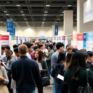 People participating in a job fair interacting with recruiters.