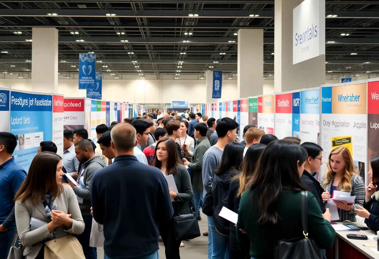 People participating in a job fair interacting with recruiters.