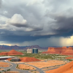 Las Vegas skyline with dark clouds indicating monsoon weather